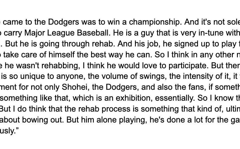 (Jack Harris) Voici la réponse complète de Dave Roberts sur la non-participation de Shohei Ohtani au HR Derby : « La raison pour laquelle il est venu chez les Dodgers était de gagner un championnat. Et ce n'est pas seulement sa responsabilité de porter la Ligue majeure de baseball. »